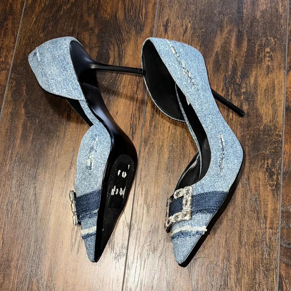 Steve Madden Distressed Denim Stiletto Heels with Crystal Buckle 11 - Picture 2 of 8